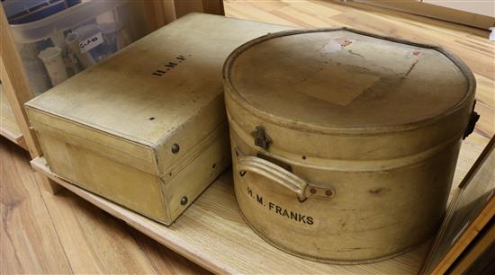 A suitcase and a hat box, both vellum bound and marked H.M. Franks